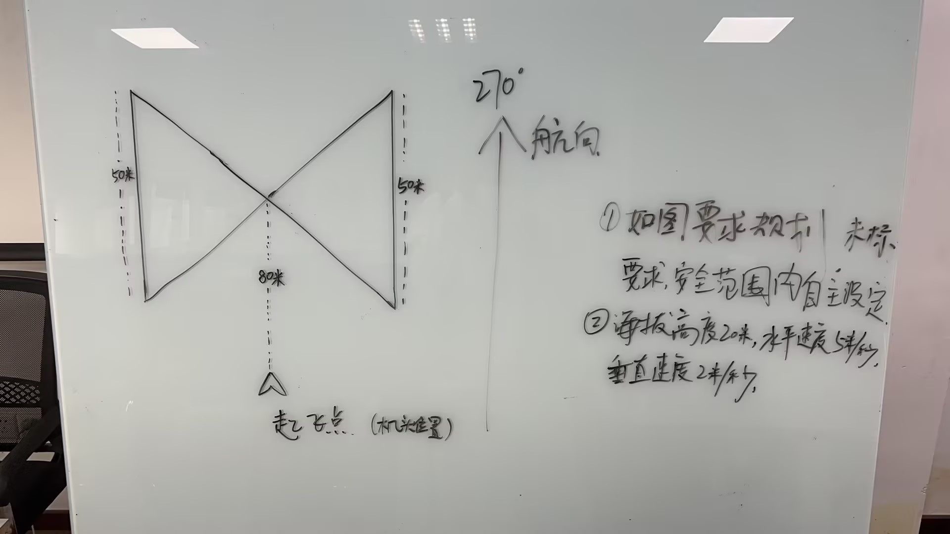 可有多个答案，下面答案为两个等边三角形画法，此题与2023年4月21号深圳地面站考题 做法一样，这里用了深圳的答案，思路是一样的 0-A=270° 60m A-1=150° 50m 删除A点 1-2=330° 100m 2-3=90° 50m 3-4=210° 100m 4-1=90° 50m